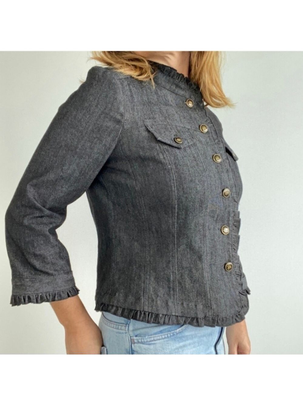 Sandro Dark Grey Ruffled Denim Button Up Jacket, size Medium petite